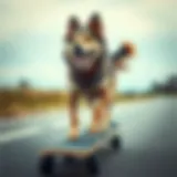 A dog confidently balancing on a skateboard