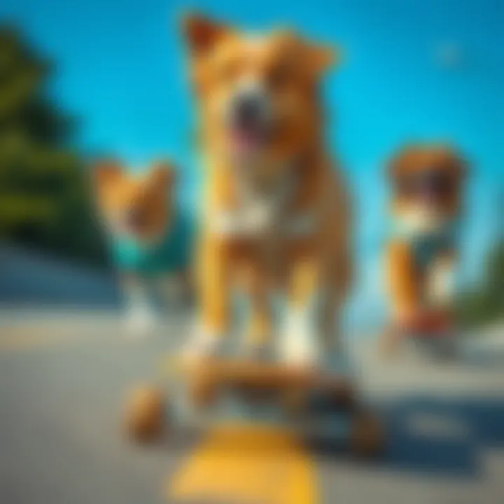 Different dog breeds trying to skateboard
