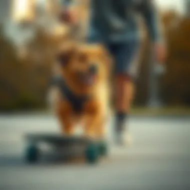 A trainer guiding a dog on a skateboard