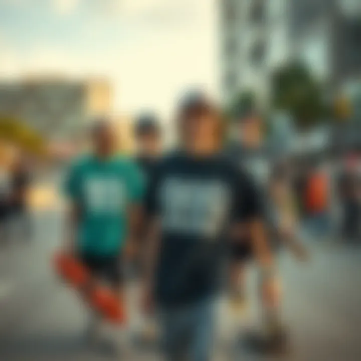 A group of skaters wearing the 999 shirt in an urban setting, highlighting its cultural significance.