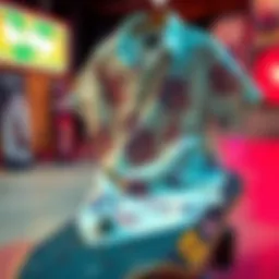 A stylish bleached shirt displayed on a skateboard