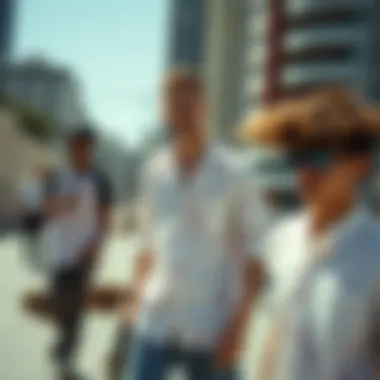 A group of skateboarders wearing bleached shirts in an urban setting