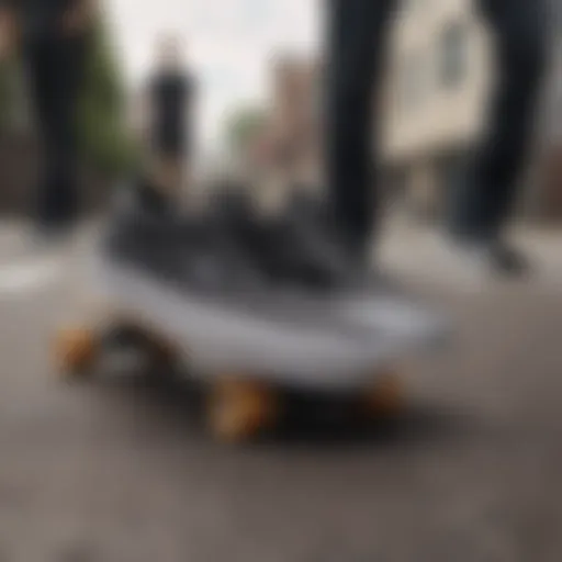 Stylish all black checkered Vans on a skateboard