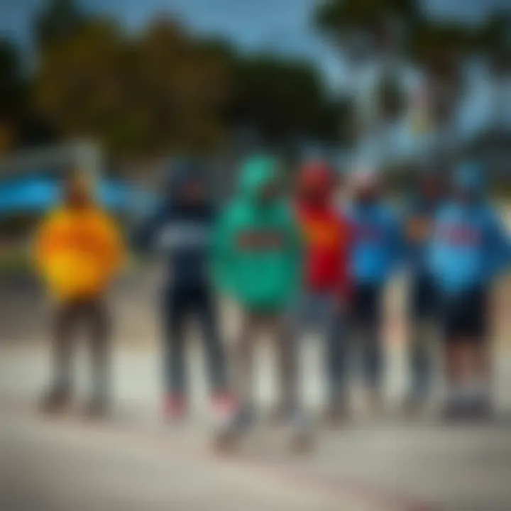 Community in Style: Big RVCA Hoodies A group of skaters in a skate park, united by their style featuring big RVCA hoodies, representing community.