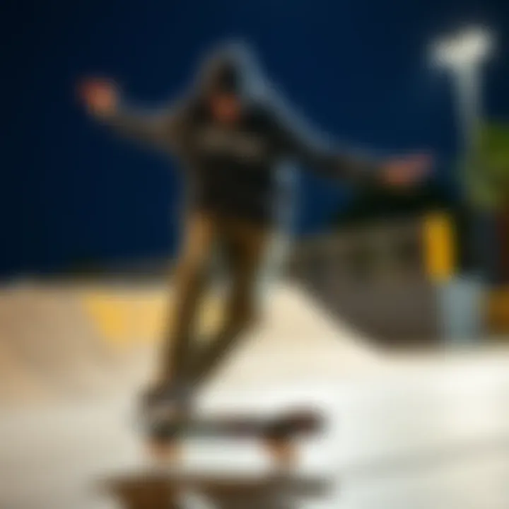 Skater in Action: Big RVCA Hoodie Skater performing a trick while wearing a big RVCA hoodie, emphasizing the practical aspect of the garment.