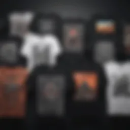 A collection of black graphic t-shirts displayed creatively