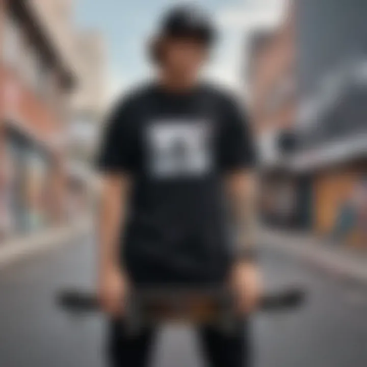 Close-up of a skateboarder wearing a black graphic t-shirt