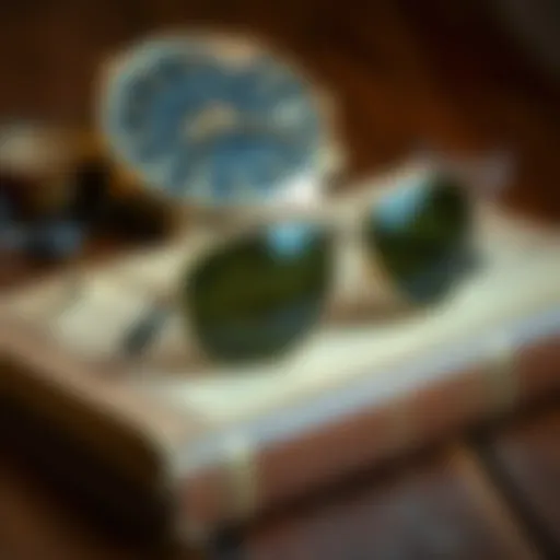 Elegant gold frame sunglasses resting on a vintage book