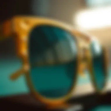 Close-up shot of intricate design details of gold frame sunglasses