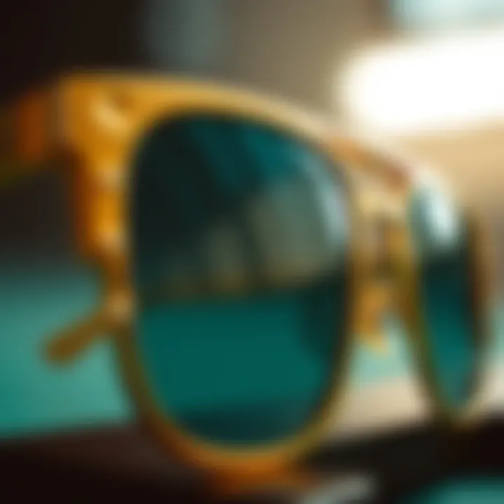 Close-up shot of intricate design details of gold frame sunglasses