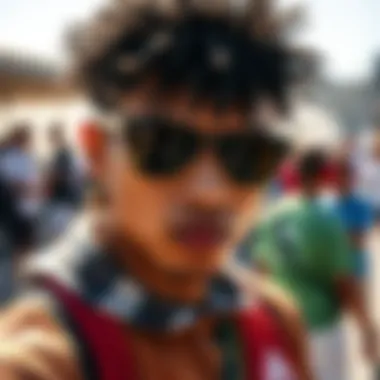 Stylish individual wearing gold frame sunglasses at a sunny outdoor event