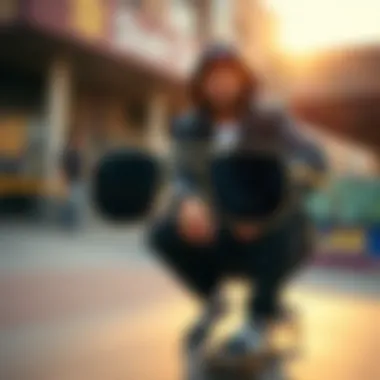 Gold frame sunglasses showcased in an urban skate culture setting