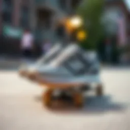 Stylish grey New Balance sneakers on a skateboard