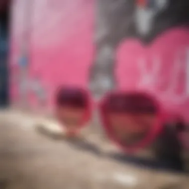 An artistic shot of heart sunglasses against a graffiti backdrop