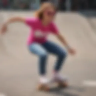 A stylish skater performing a trick while wearing hot pink heart sunglasses