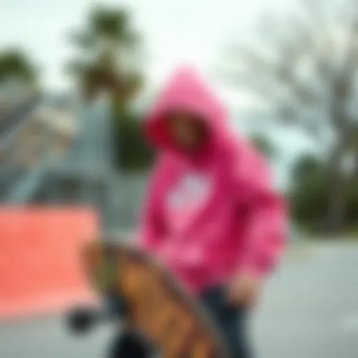 A vibrant pink Nike sweatshirt showcased on a skateboard