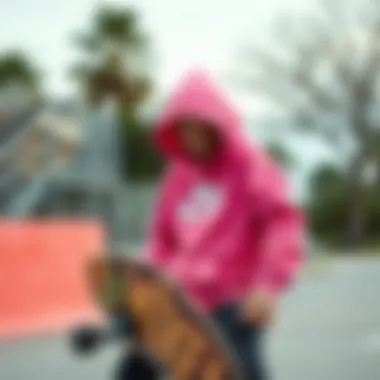 Iconic Pink Nike Sweatshirt in Skateboarding A vibrant pink Nike sweatshirt showcased on a skateboard