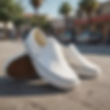 Classic White Vans Slip-Ons: A Skate Culture Icon Classic white Vans slip-ons on a skateboard