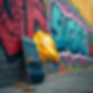 Skateboard leaning against a graffiti wall with a yellow tie dye sweatshirt