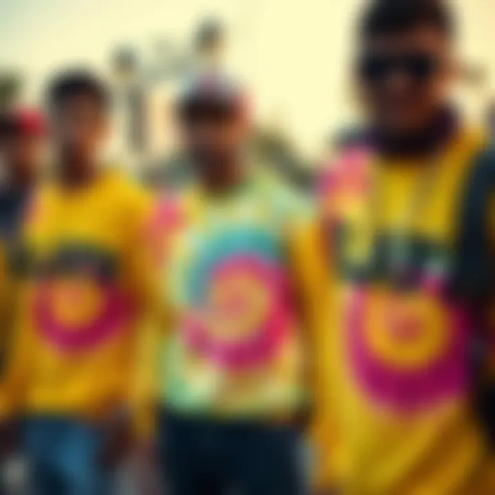 Group of skateboarders wearing yellow tie dye sweatshirts