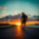 A serene sunset image of a skateboarder cruising along a waterfront