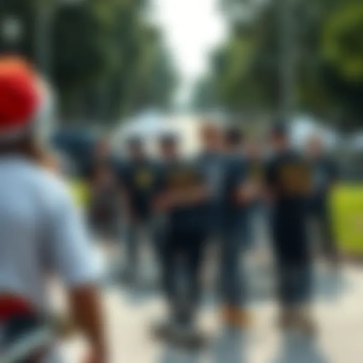 Gathering of Skateboarders in Band Shirts A group of skateboarders gathered, showcasing their band shirts.