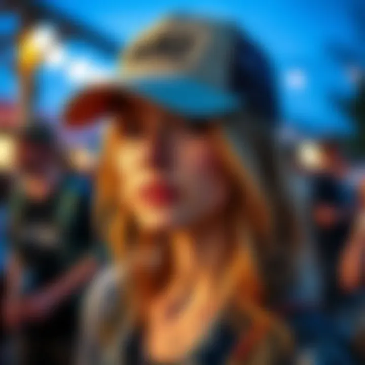 Trucker Hat Style at Casual Outdoor Gathering A fashionable individual wearing a trucker hat at a casual outdoor event