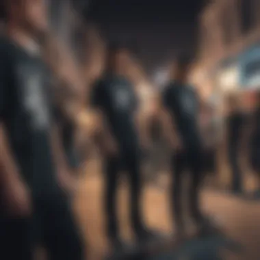 A group of skateboarders wearing black graphic t-shirts, highlighting community and style.