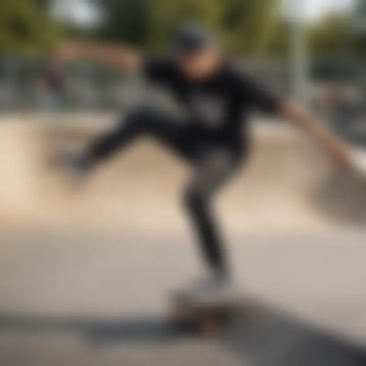 A skater performing tricks in a black graphic t-shirt at a skate park.