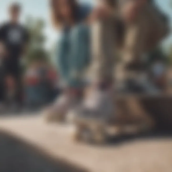 A group of skaters gathered at a skate park, all sporting different styles of checkered Vans.