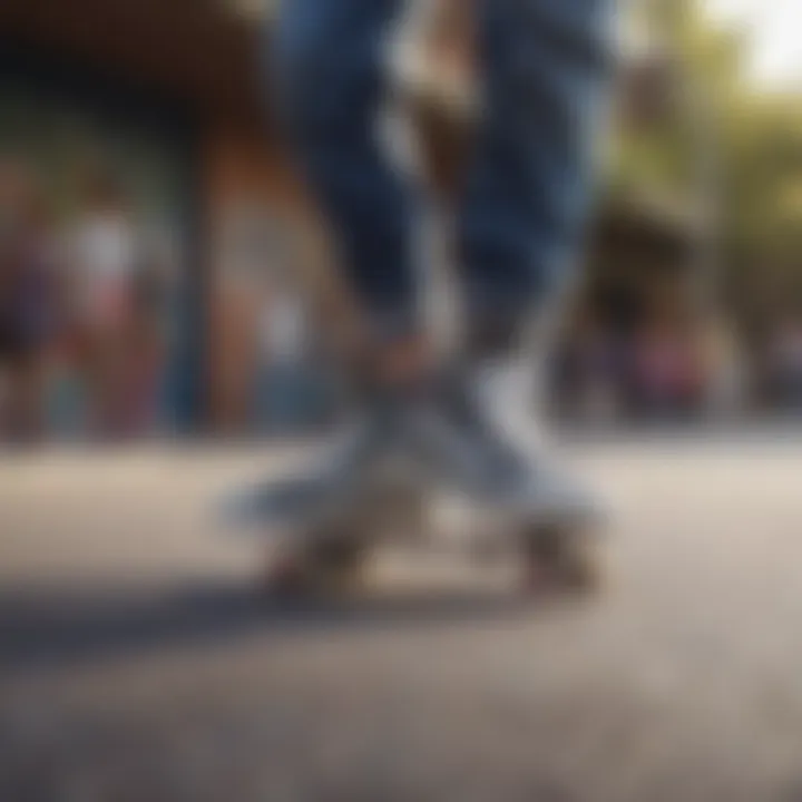 A skater performing a trick while wearing sparkly checkered Vans, illustrating their practical use.