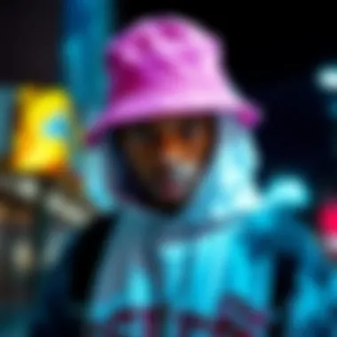 Close-up of a stylish pink bucket hat paired with streetwear