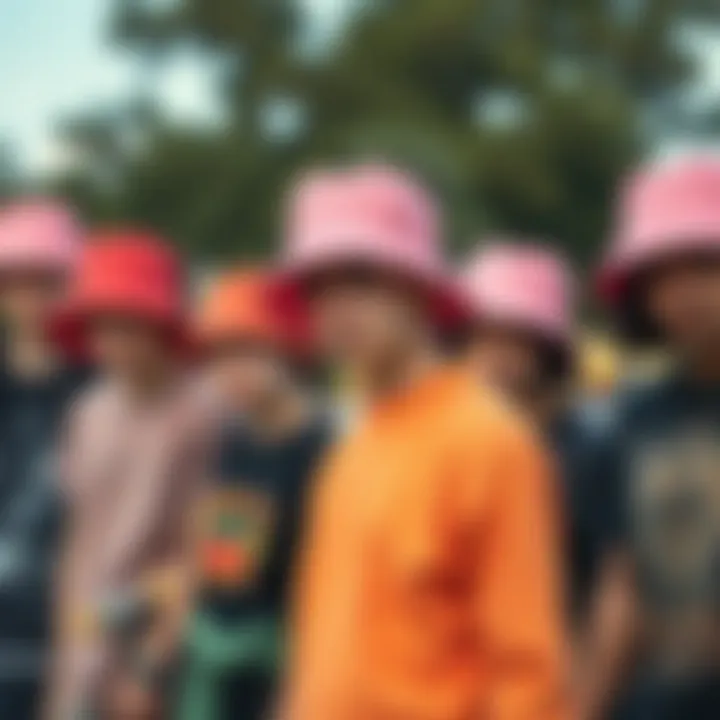 Group of skaters showcasing different pink bucket hat styles