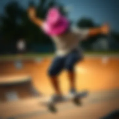 Skater wearing a pink bucket hat performing a trick in a skate park