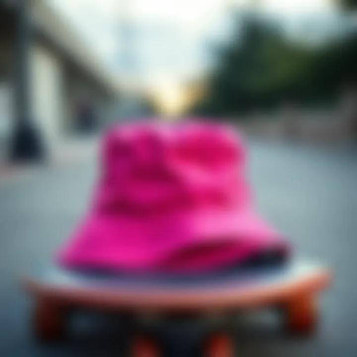 A vibrant pink bucket hat resting on a skateboard deck