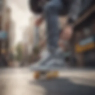 A skater performing tricks wearing grey checkered Vans