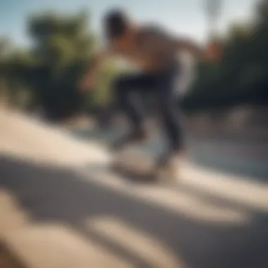 Smooth Maneuverability on a Drop Skateboard A rider demonstrating the smooth maneuverability of a drop skateboard on a ramp