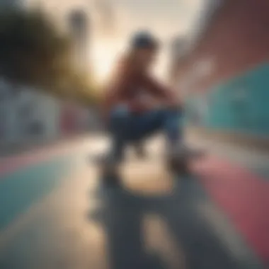 Skaters wearing multi-colored Vans shoes in an urban skate park setting.