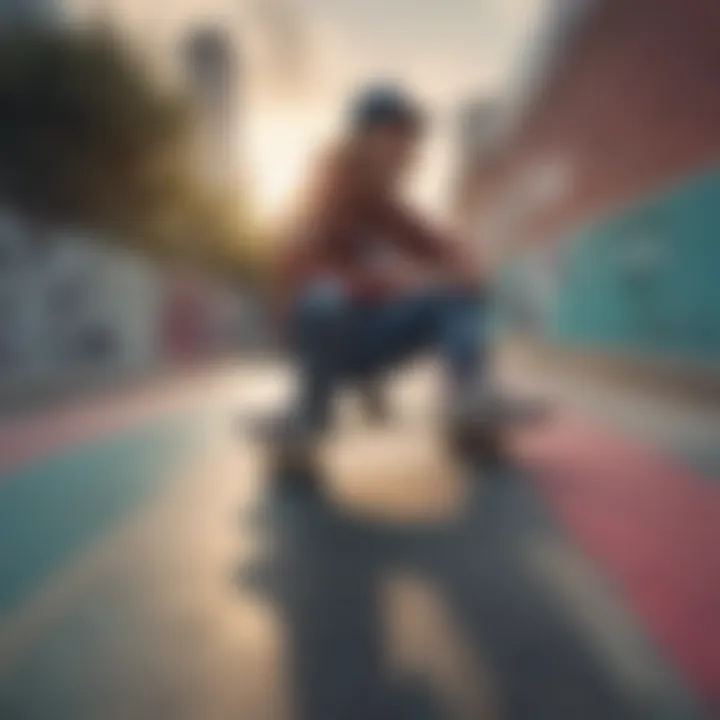 Skaters wearing multi-colored Vans shoes in an urban skate park setting.