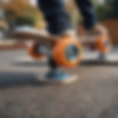 A close-up of Enjoi skateboard wheels and trucks