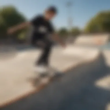 A group of young skaters performing tricks in a skate park