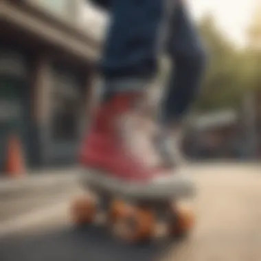 Close-up of a skater's shoes with unique design, emphasizing functionality.