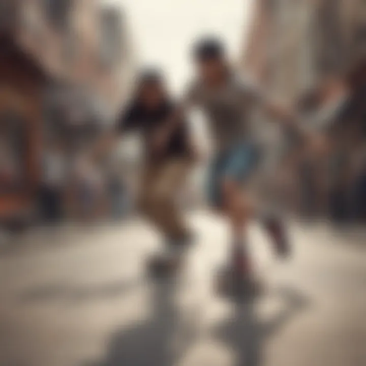 An urban scene depicting skaters in action, highlighting their fashion choices.