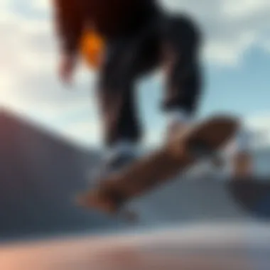 A skateboarder wearing black Nike track pants performing a trick