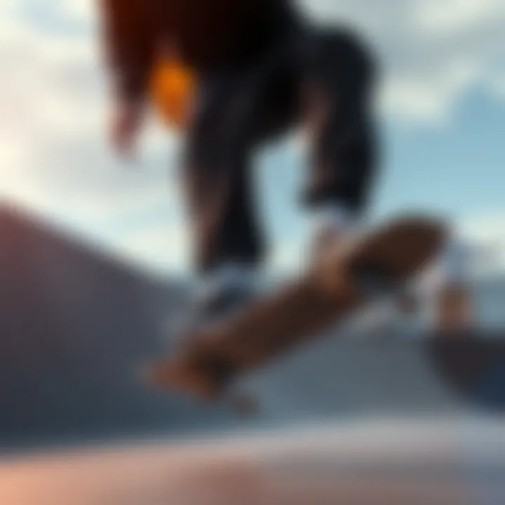 A skateboarder wearing black Nike track pants performing a trick