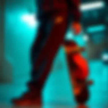 Stylish arrangement of black Nike track pants with skateboarding gear