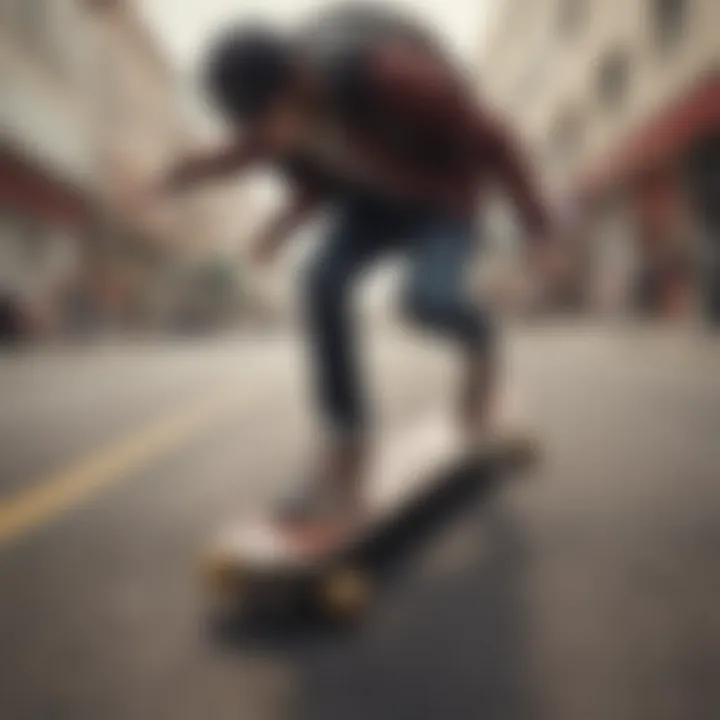 An artistic depiction of longboarding in an urban environment