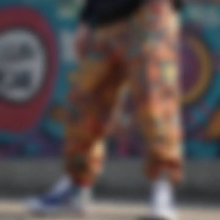 A close-up of baggy fit pants with vibrant patterns, representing individuality in skate culture.