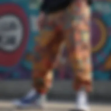 Vibrant Patterns of Individuality A close-up of baggy fit pants with vibrant patterns, representing individuality in skate culture.