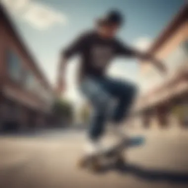 A skateboarder performing a trick in baggy fit pants showcasing movement and style.